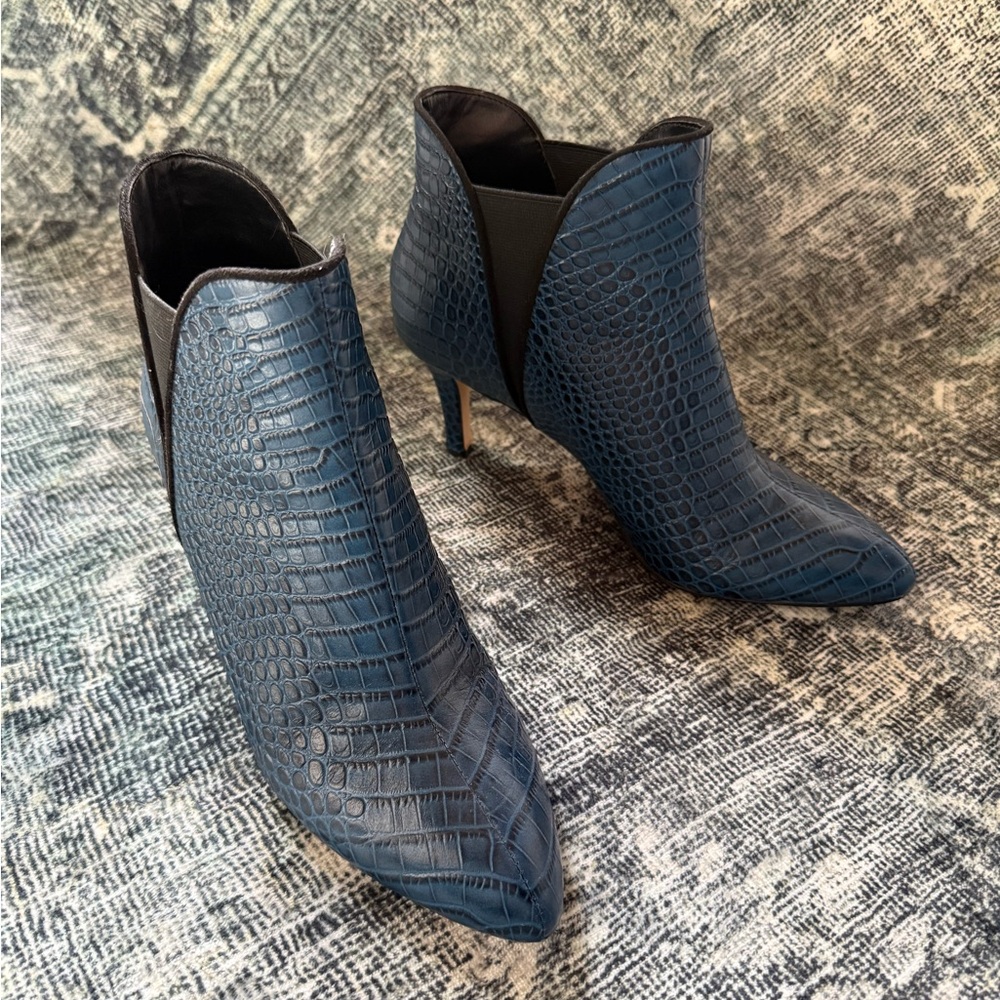 WHBM Blue Crocodile-Embossed Ankle Boots